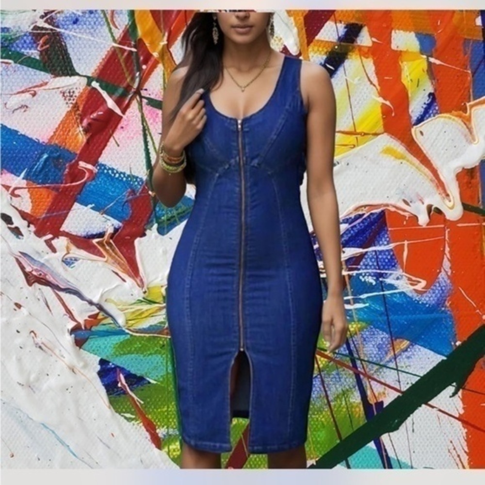Denim Mini Dress Sleeveless Jean Tank Dresses Zipper Pencil Denim Dress